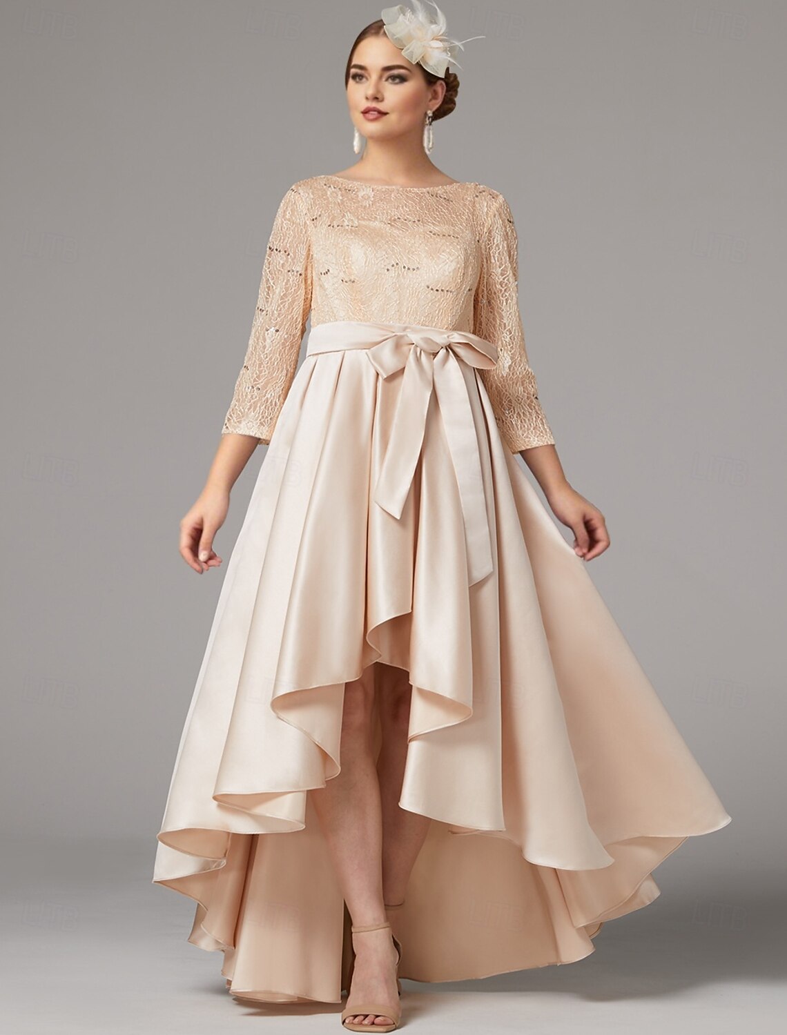 Buyishang A-Line Plus Size Curve Dress Mother of the Bride Dress Wedding Guest Elegant Plus Size High Low Jewel Neck Asymmetrical Satin Lace 3/4 Length Sleeve with Sash / Ribbon Appliques